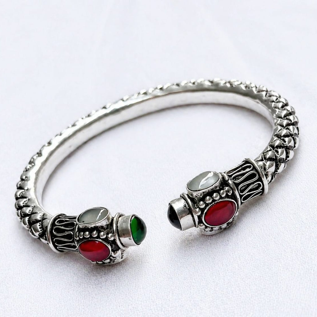 Vintage Tribal Silver Cuff Bracelet with Multicolor Gemstones