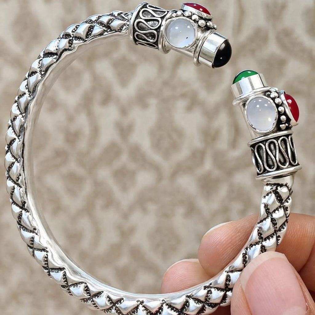 Vintage Tribal Silver Cuff Bracelet with Multicolor Gemstones